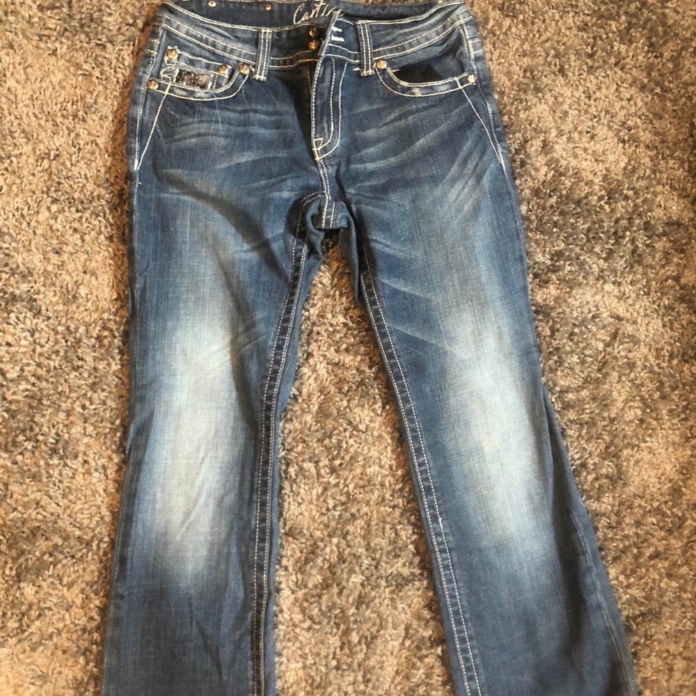Chic Blue Boot Cut Jeans with Embellished Pockets